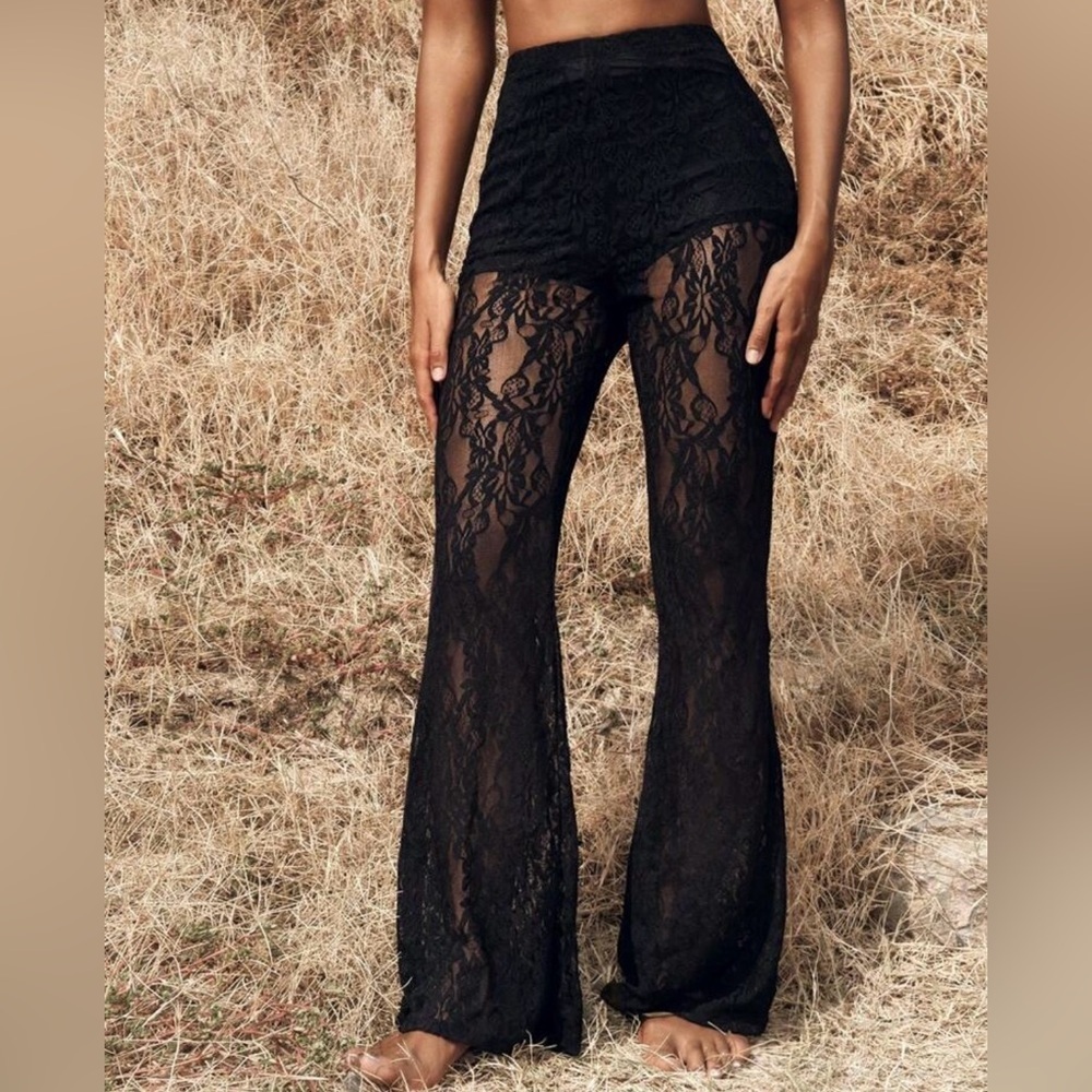 Black Lace Flare Pants with Intricate Pattern